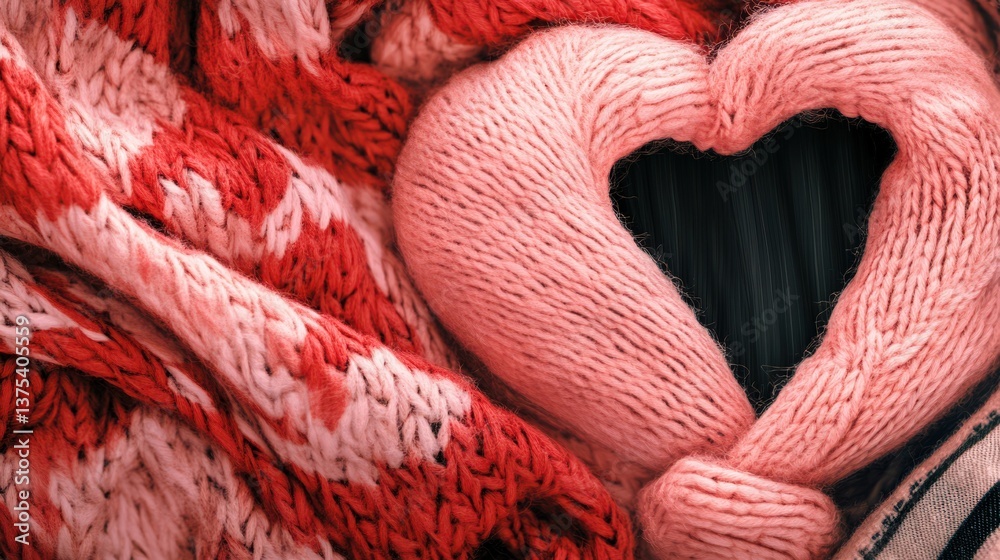 A heart shaped knitted item on a soft patterned textile