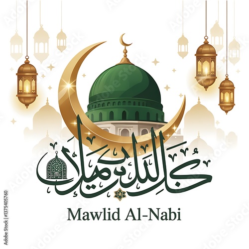 Elegant Mawlid al-Nabi Celebration Design Featuring Islamic Calligraphy Green Dome Crescent Moon Lanterns Mosque Minaret the Birth of Prophet Muhammad Perfect for Religious Events Festive Greetings