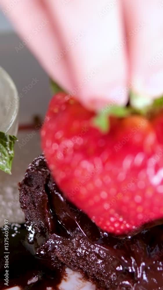 Close-up macro fresh strawberries covering with melted liquid chocolate. Molten chocolate or brown caramel stream pouring on juicy red berries. Confectionery, tasty dessert. Cooking handmade 