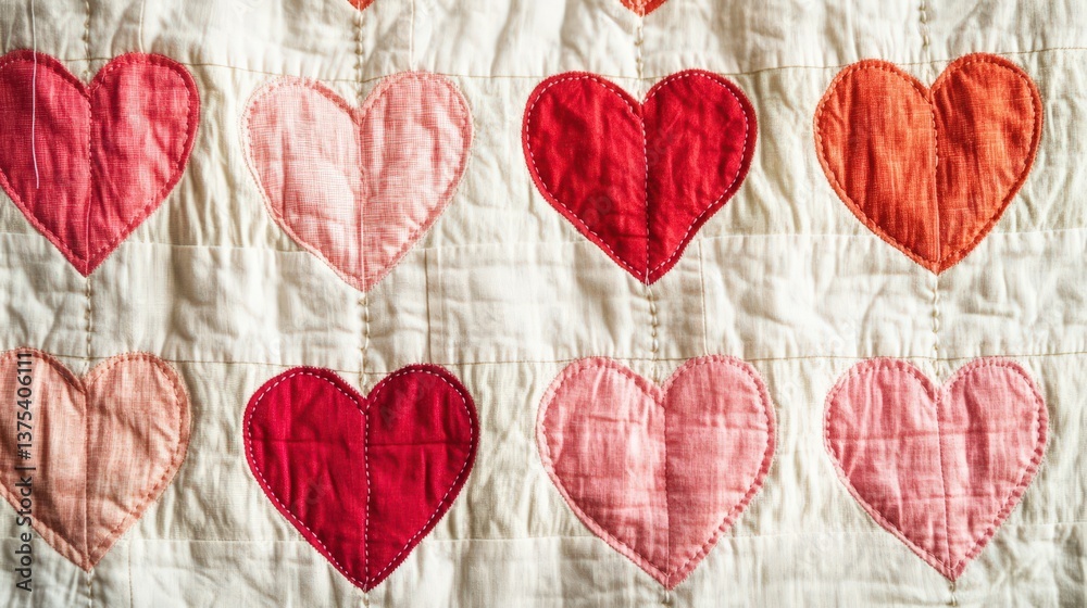 A patchwork quilt adorned with stitched hearts of various colors
