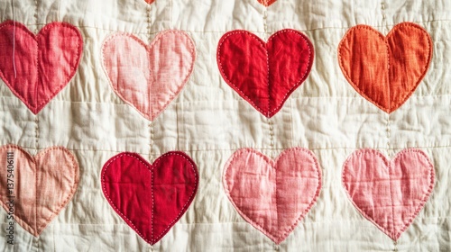 Obraz na płótnie A patchwork quilt adorned with stitched hearts of various colors w salonie