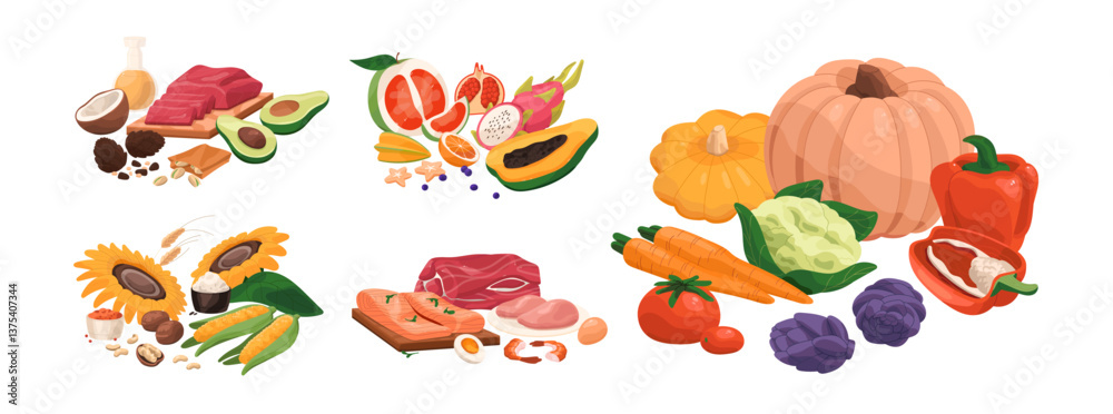Obraz premium Set of healthy food. Groups of products are source of vitamins, fats, carbohydrates, protein. Organic eating: meat, vegetables, fish, fruit. Flat isolated vector illustrations on white background