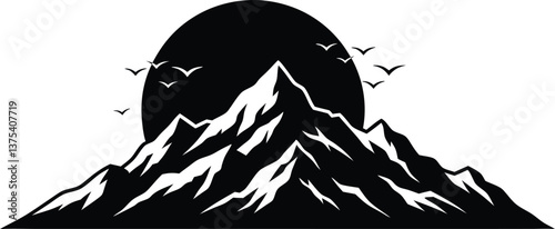 Mountain Sun Silhouette oh white background