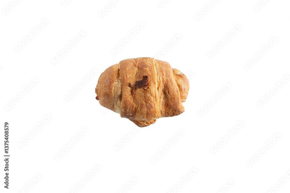 A top down view of a bacon egg croissant, against a white background. A top down view of a bacon egg croissant, against a white background.