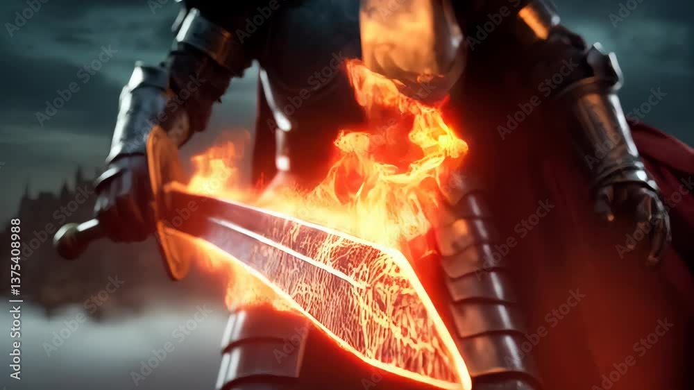 Epic warrior brandishes flaming sword in dark fantasy landscape at twilight Epic warrior brandishes flaming sword in dark fantasy landscape at twilight
