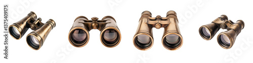 A collection of classic antique style brass binoculars showcasing their intricate design and attention to detail on a clean white backdrop