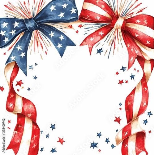 Watercolor American flag ribbon frame with red blue bows and stars on white backgroun