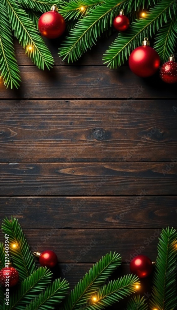 Evergreen fir tree branches with ornaments and lights on wooden wall background, Christmas tree decor, Ornaments, Wooden wall Evergreen fir tree branches with ornaments and lights on wooden wall background, Christmas tree decor, Ornaments, Wooden wall