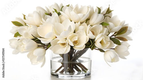 Luxury Pearl-White Magnolia Flowers Arranged in a Designer Vase, Isolated on a White Background, exuding modern sophistication and timeless elegance, Clean and Sophisticated Modern Decor Stock Photo 
