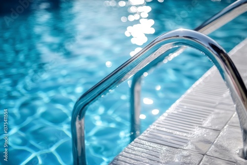 Entering Swimming Pool Water with Metal Ladder and Sun Reflections
