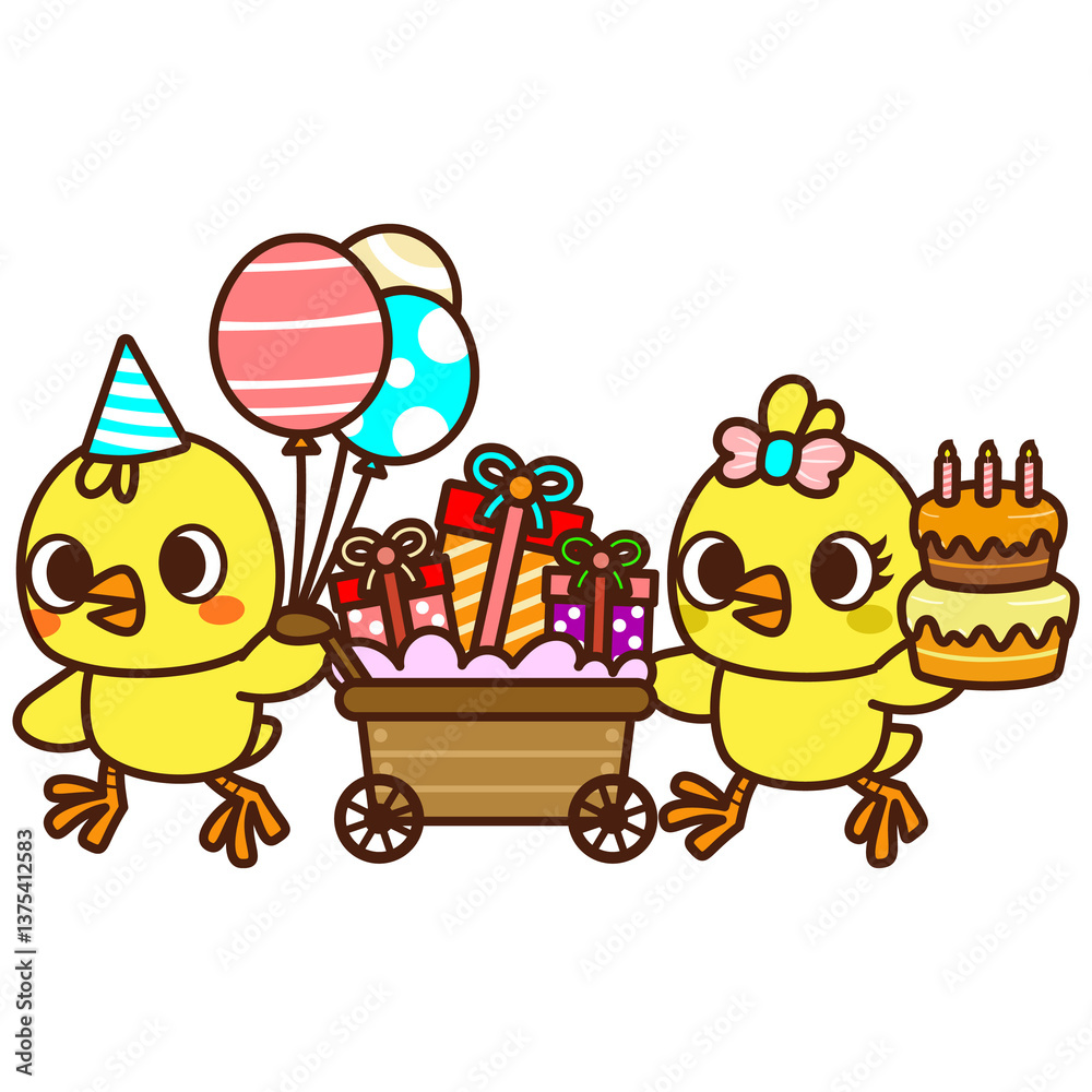 Naklejka premium Cute chicks in birthday party. Animal cartoon