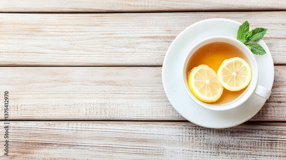 Overhead View of Lemon Tea with Mint on Rustic Wooden Table Overhead View of Lemon Tea with Mint on Rustic Wooden Table