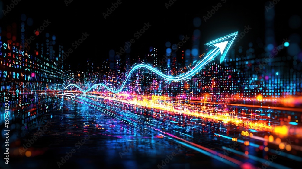 Fototapeta premium Digital Cityscape with Upward Trending Arrow Showing Growth and Technological Advancement