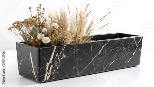 Minimalist Black Marble Planter with Exotic Dried Florals, Isolated on a White Background, perfect for contemporary interior styling and luxury botanical decor, Luxury Home Accessory Stock Image