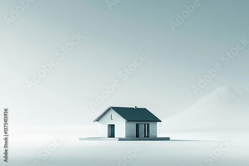 Minimalistic and graphic composition with a house in the middle of nowhere on a clean background