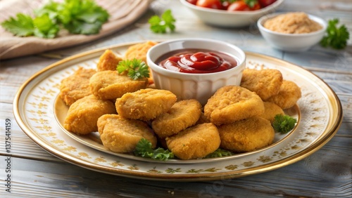 A plate of golden chicken nuggets with a bowl of ketchup ready to be enjoyed as a tasty treat
