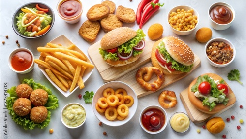 Wallpaper Mural An overhead shot of burgers, fries, and various sides arranged on a white surface for a meal Torontodigital.ca