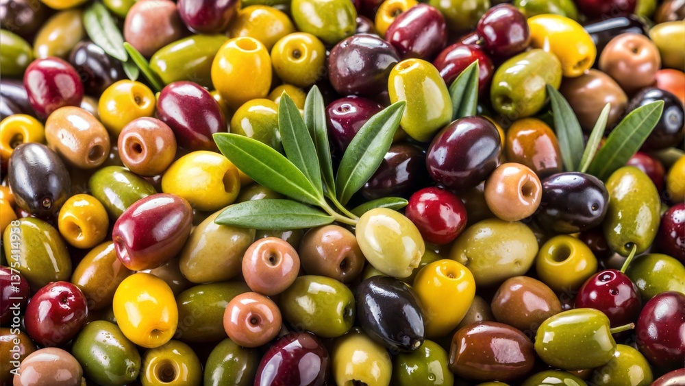 A close up shot showing a pile of colorful olives with green leaves on top of the olives in detail A close up shot showing a pile of colorful olives with green leaves on top of the olives in detail