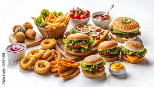 Wallpaper Mural An abundance of fast food items including burgers fries donuts and various sauces on a white surface Torontodigital.ca