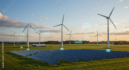 Renewable energy farm with wind turbines and solar panels with digital data overlays. Smart grid technology with virtual monitoring interfaces connecting green energy. Sustainable power generation.