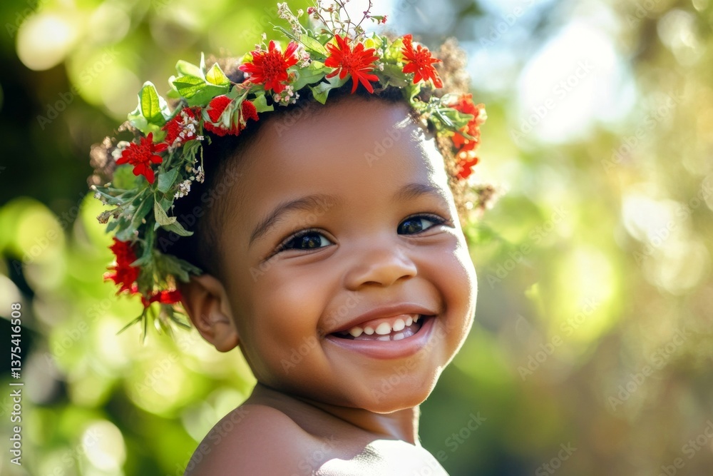 Happy sunny days holidays idea. Smiling black toddler boy with tt hair wearing red flower crown on his head. Sunny daylight. Smiling child in the sunshine. Floral wreath on a boy’s head. Happy sunny days holidays idea. Smiling black toddler boy with tt hair wearing red flower crown on his head. Sunny daylight. Smiling child in the sunshine. Floral wreath on a boy’s head.