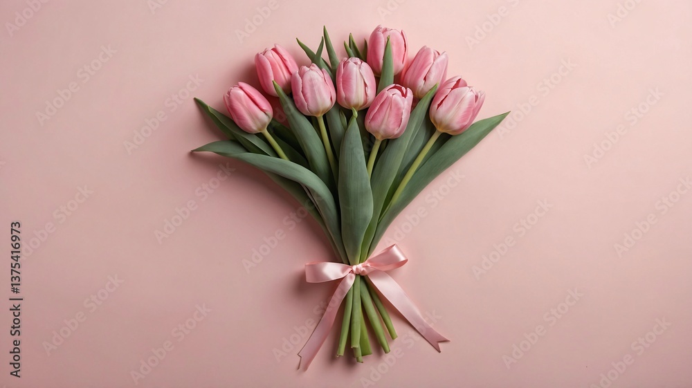 Obraz premium A beautiful bouquet of pink tulips tied with a delicate ribbon against a soft pink background.