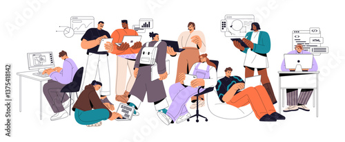 Teamwork development concept. Team of programmers, coders, analysts, software engineers is programming, writes scripts, code, works at computers together. Flat isolated vector illustration on white