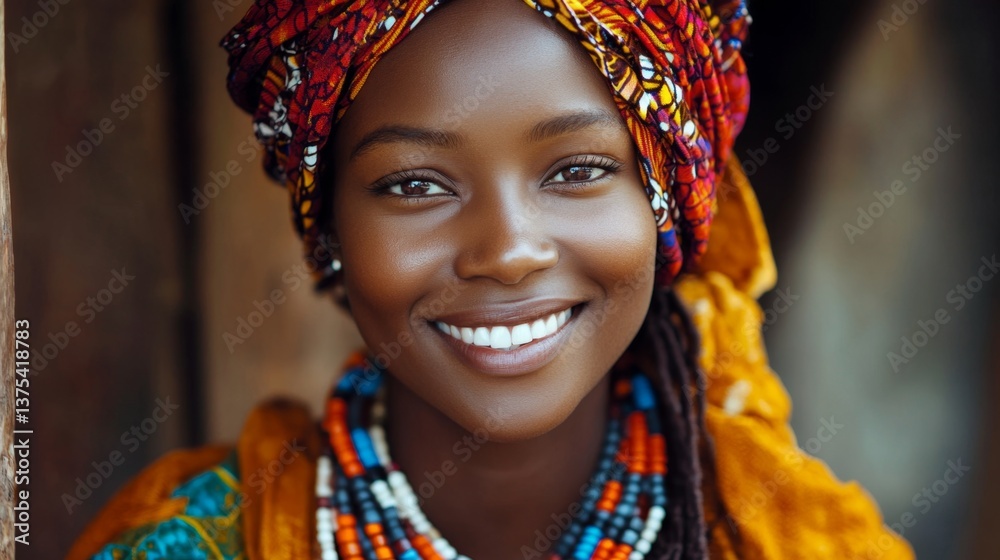 Fototapeta premium Serene African Woman with Colorful Headwrap and Joyful Smile