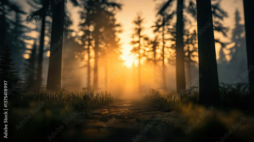 Fototapeta premium Forest at sunset rays illuminate serene pathway in twilight concept. Sunlight streaming through a serene forest at dawn's early light.