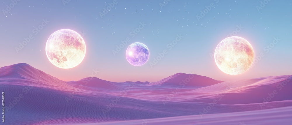 Ethereal Desert Landscape with Three Glowing Moons Under a Starry Sky at Twilight Ethereal Desert Landscape with Three Glowing Moons Under a Starry Sky at Twilight