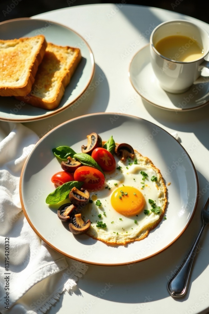 Sunlit Breakfast Plate Featuring Fried Egg, Sauteed Mushrooms, and Cherry Tomatoes Served with Toasted Bread and Coffee Sunlit Breakfast Plate Featuring Fried Egg, Sauteed Mushrooms, and Cherry Tomatoes Served with Toasted Bread and Coffee