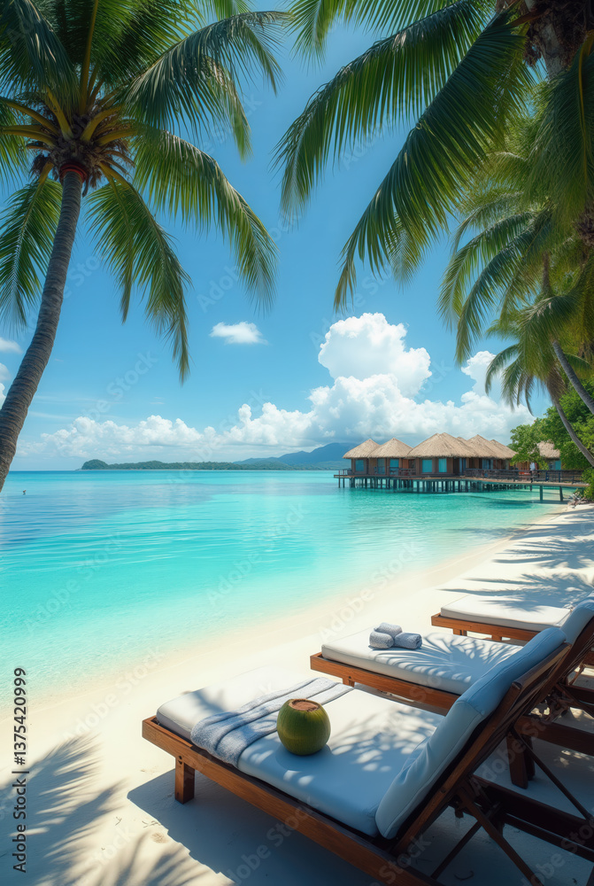 Fototapeta premium Sunny tropical beach features lounge chairs arranged under swaying palm trees. The calm turquoise waters reflect clouds and nearby huts, creating a serene getaway vibe
