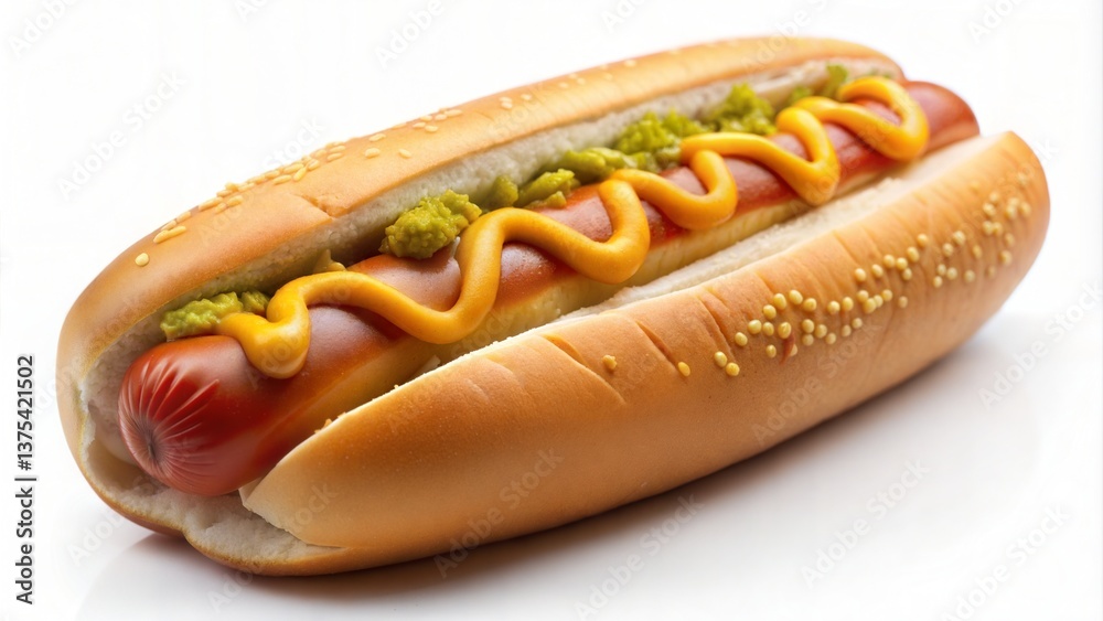 A close up of a hotdog with mustard and relish on a sesame seed bun on a white background A close up of a hotdog with mustard and relish on a sesame seed bun on a white background