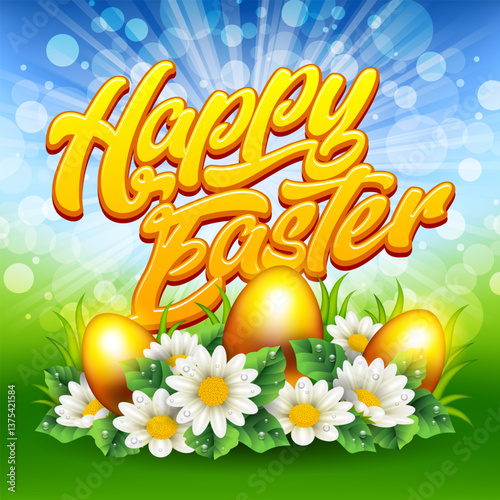 Bright banner Happy Easter with Easter eggs and flowers