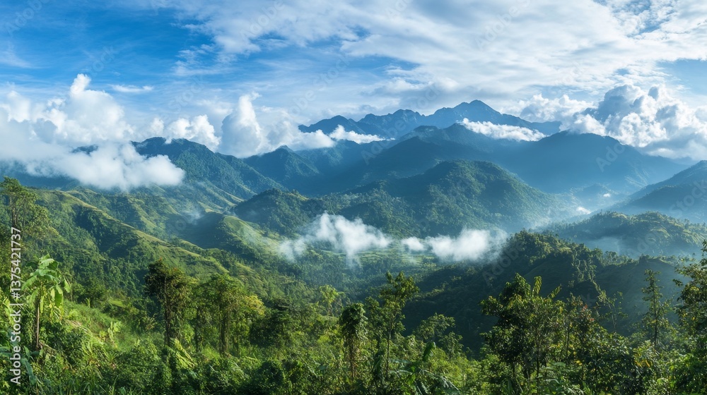 Fototapeta premium Serene Mountain Landscape with Lush Green Forest and Blue Sky