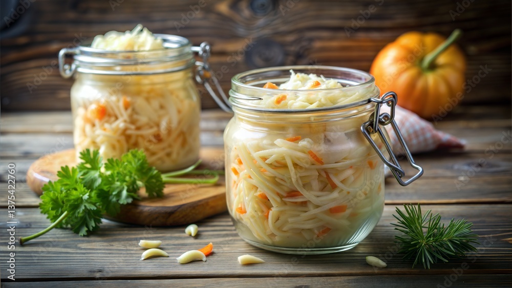 Two jars of sauerkraut with pumpkin and garlic on a rustic wooden table background in soft focus Two jars of sauerkraut with pumpkin and garlic on a rustic wooden table background in soft focus