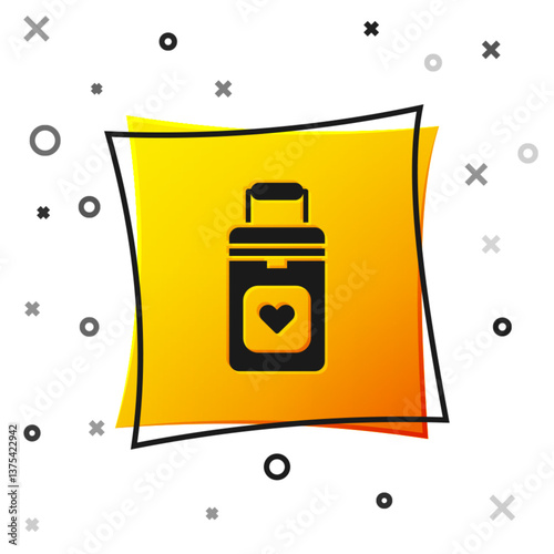 Black Cooler box for human organs transportation icon isolated on white background. Organ transplantation concept. Organ container. Yellow square button. Vector Illustration