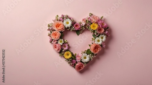 A heart-shaped arrangement of colorful flowers on a soft pink background, symbolizing love and affection.