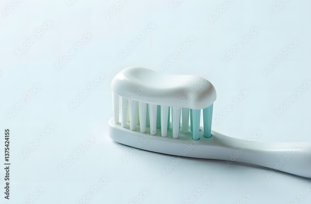 the white toothpaste on the blue toothbrush is insulated, isolated on a pale blue background. The concept of dentist, oral hygiene. the white toothpaste on the blue toothbrush is insulated, isolated on a pale blue background. The concept of dentist, oral hygiene.
