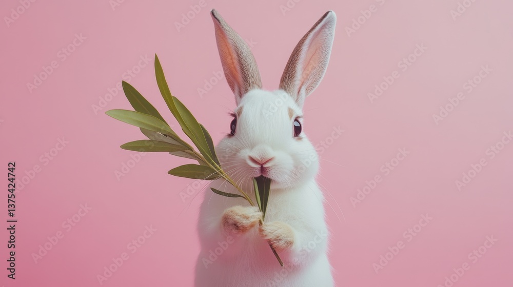 Obraz premium Cute Rabbit Dressed as Tiny Peace Ambassador Holding Olive Branch