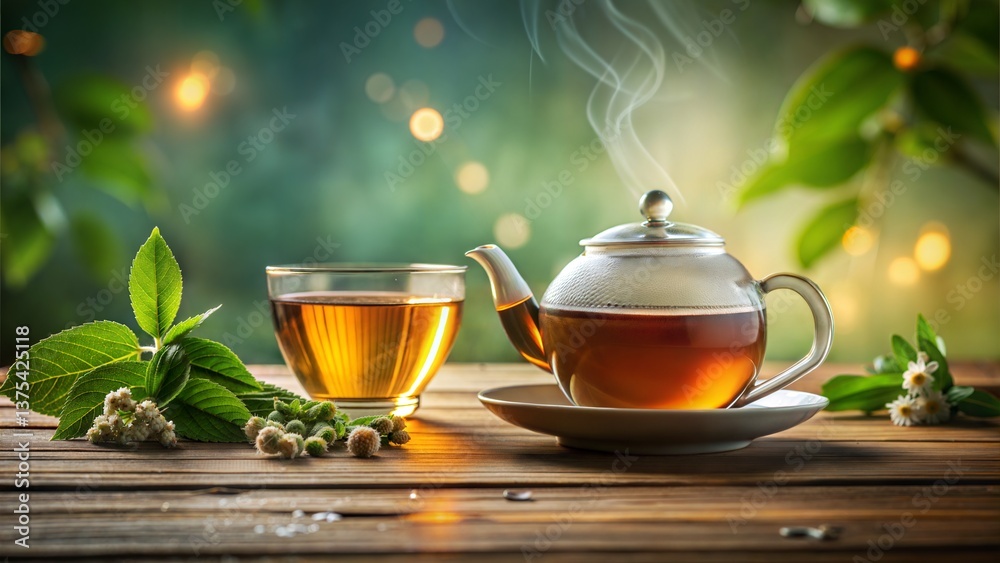 A teapot and cup of tea on a wooden table with green leaves and a blurred background with bokeh lights