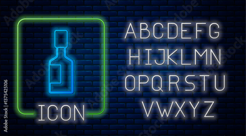 Glowing neon Tabasco sauce icon isolated on brick wall background. Chili cayenne spicy pepper sauce. Neon light alphabet. Vector