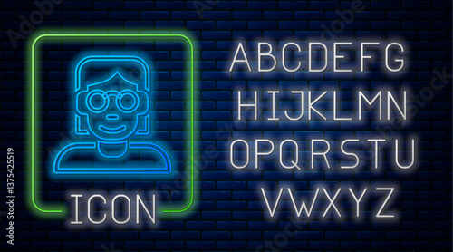 Glowing neon Hacker or coder icon isolated on brick wall background. Programmer developer working on code, coding, testing, debugging, analysing. Neon light alphabet. Vector