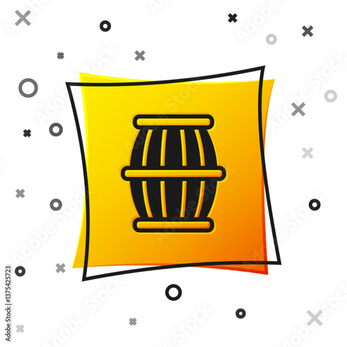 Black Gun powder barrel icon isolated on white background. TNT dynamite wooden old barrel. Yellow square button. Vector