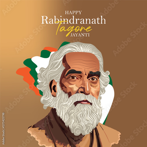 Happy Tagore Jayanti Vector – Portrait of Rabindranath Tagore with Abstract Indian Flag – Tribute to Indian Poet, Philosopher and Nobel Laureate in Literature