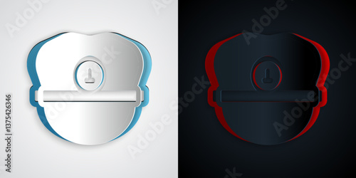 Paper cut Captain hat icon isolated on grey and black background. Paper art style. Vector
