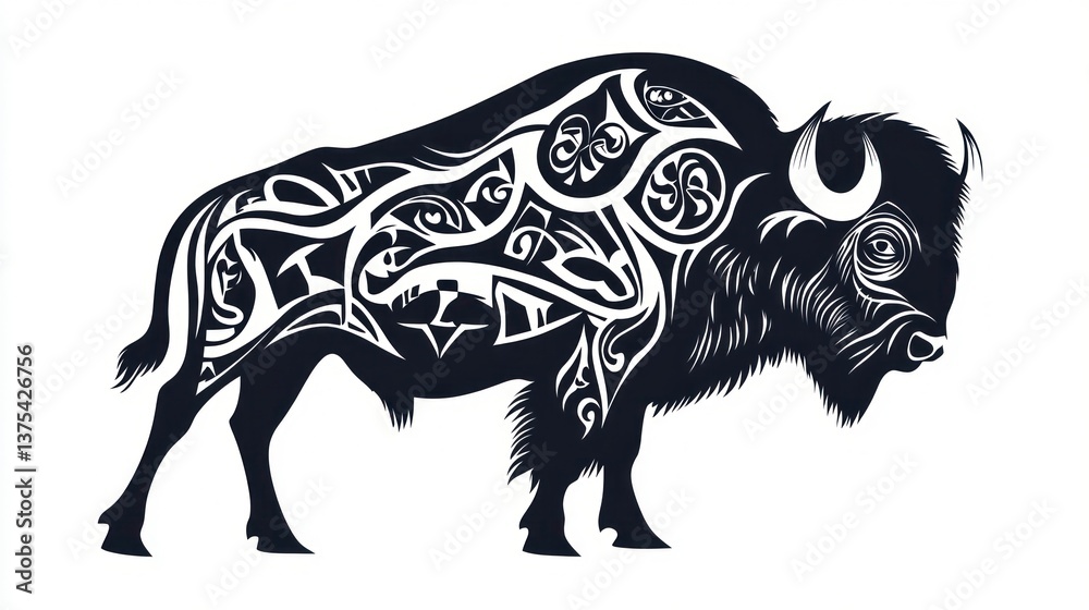 Fototapeta premium Ornate Bison Tribal Art, White Background, Design Element