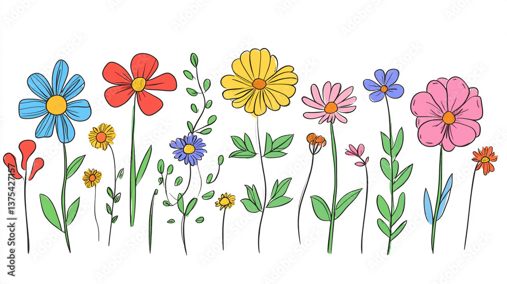 Obraz premium Simple and cute cartoon flower pattern, with colorful pastel colors on a white background. Minimalist in style, featuring simple line art and flat illustration.