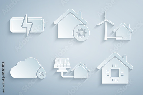 Set House with solar panel, wind turbine, Humidity, Smart home, settings and Battery icon. Vector