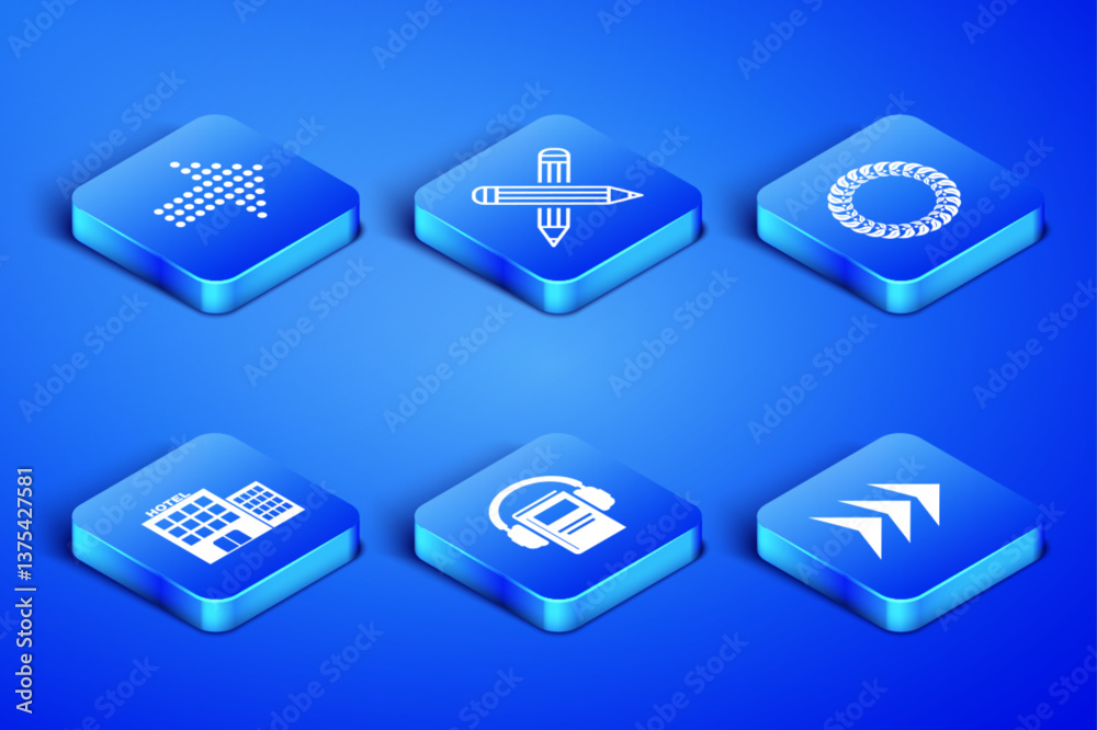 Set Arrow, Dots arrow, Audio book, Hotel building, Crossed pencil and Laurel wreath icon. Vector Set Arrow, Dots arrow, Audio book, Hotel building, Crossed pencil and Laurel wreath icon. Vector